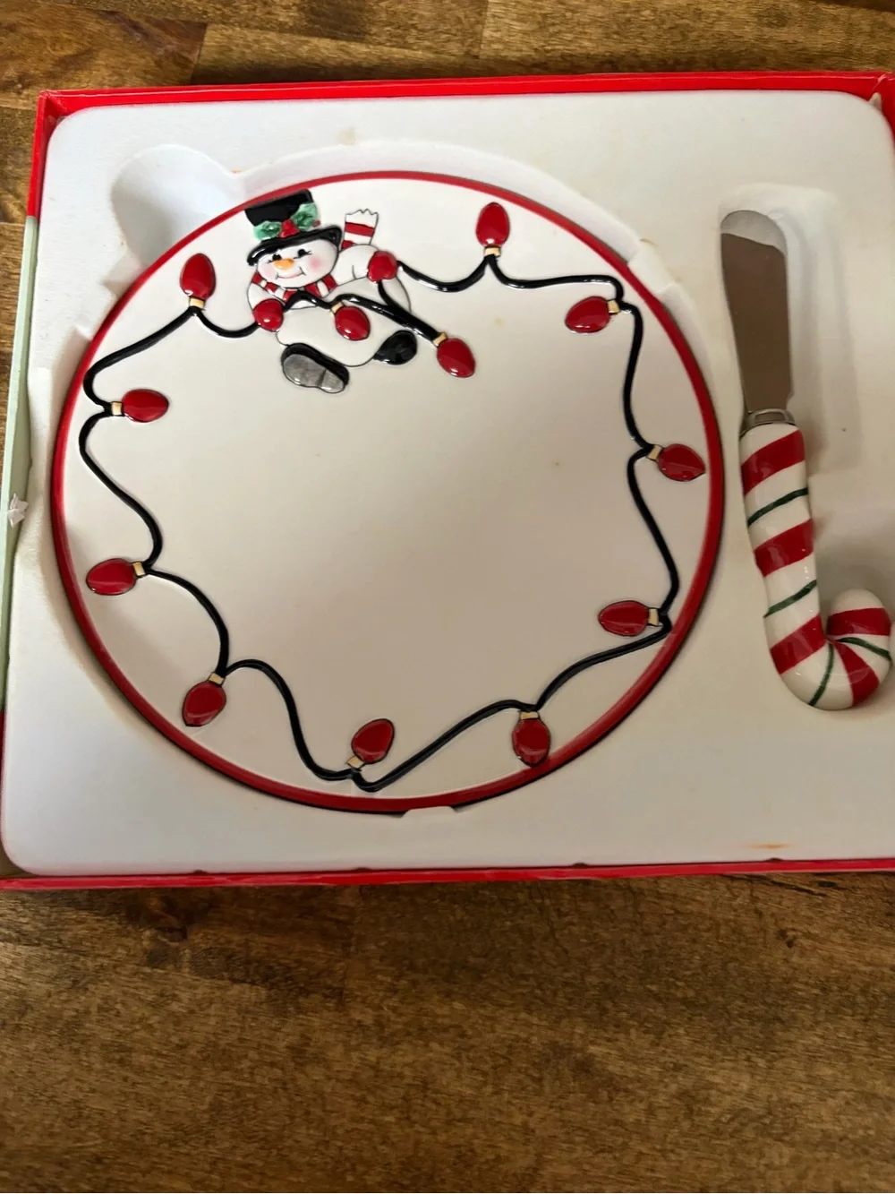 Fitz and Floyd Red and White Snowman Cheers Cheese Plate with Spreader